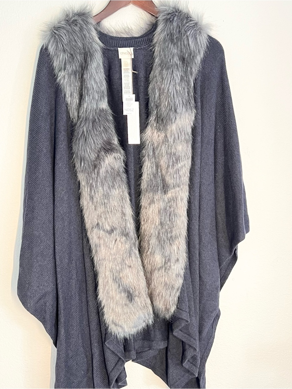 NWT Chico's Duster Cardigan Gray Faux Fur Collar Long Shawl One size